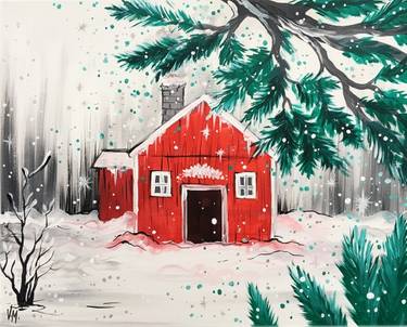 "Red House in Snow" — Painting