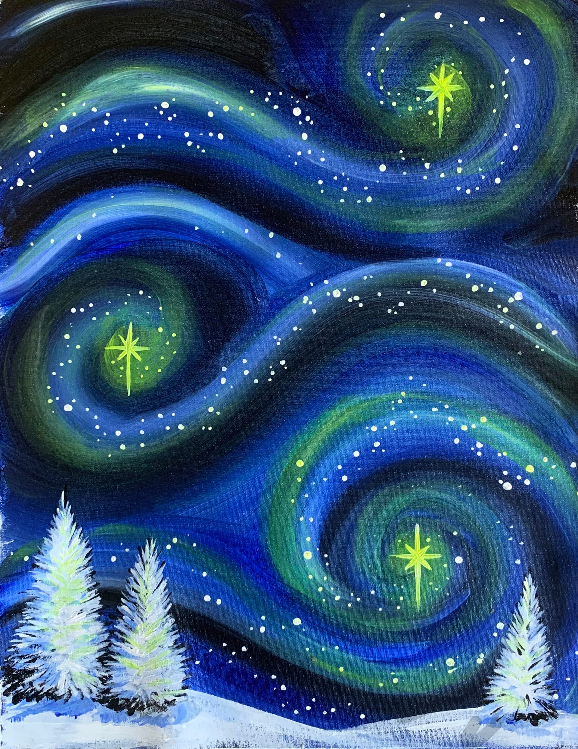 Winter Starry Night at Mtn. Mike's Pizza in SRosa on Montgomery — Painting