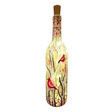 Whimsical Cardinals Wine Bottle w/ Fairy Lights
