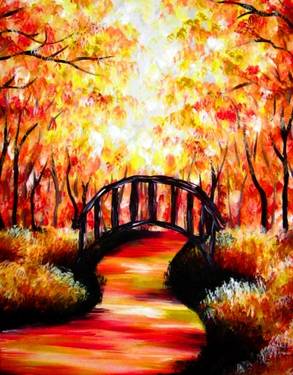 Bridge Under The Autumn Forest at Mtn. Mike's on Commerce Blvd. in Rohnert Park — Painting