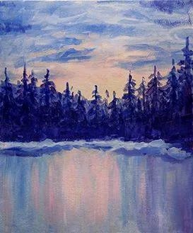 Pine Trees on Frozen Lake at Charley's Place — Painting