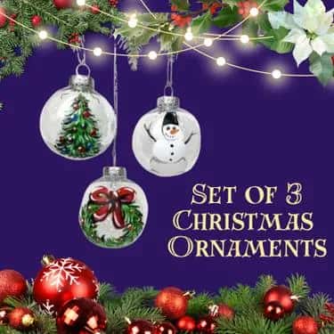 Set of 3 Christmas Ornaments: Festive Wreath, Lighted Tree, Snowman Top Hat