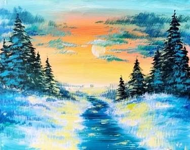 Happy Little Trees and Orange Sunset at Murphy's Irish Pub — Painting