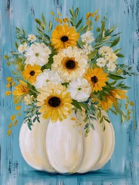 Sunflowers and White Pumpkin Fallscape — Painting