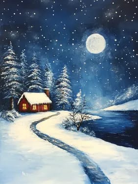 Silent Night, Starry Sight Winter Cabin Escape — Painting