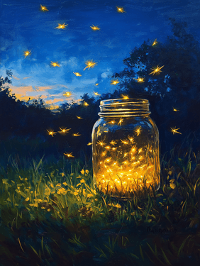 Summer Nights Fireflies in Mason Jar — Painting