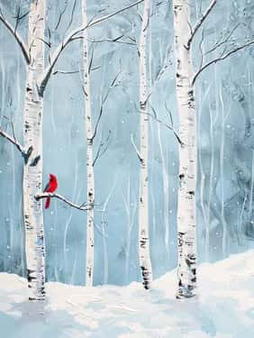 Winter Cardinal Birch Forest