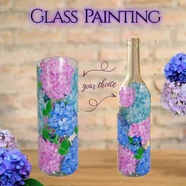 Glass Painting, "Hydrangeas" CHOOSE: Vase or Wine Bottle