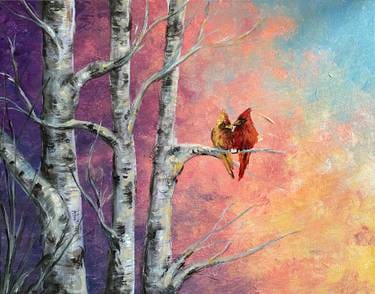 Cardinal Love at Sunset — Painting