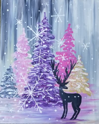 Snowy Pastel Pines with Deer