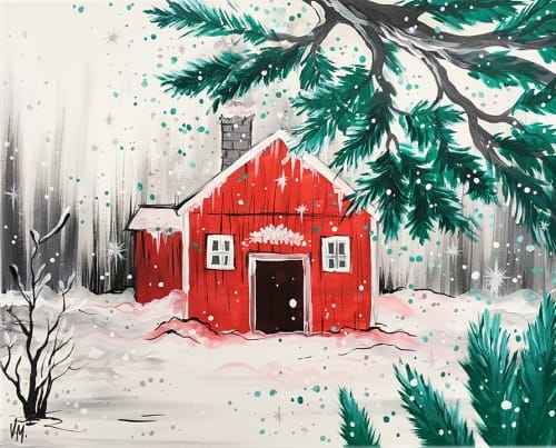 "Red House in Snow" — Painting