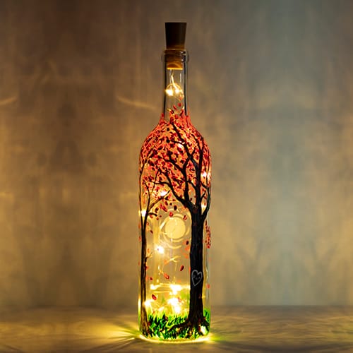 Blossoming Forest Magic Wine Bottle with Fairy Lights — Painting