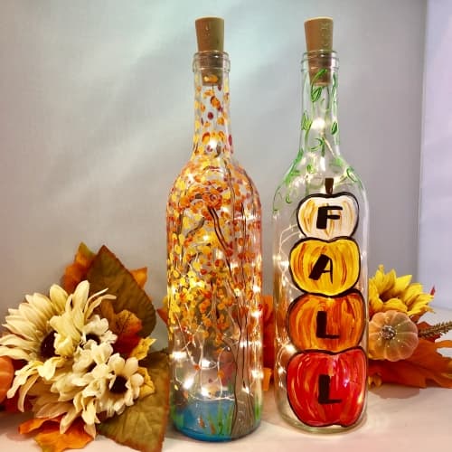 Choose Your Fall Design - Fall Trees OR Fall Pumpkins Wine Bottle & Fairy Lights