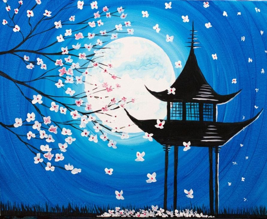 Moonlit Blossoms by the Pagoda — Painting