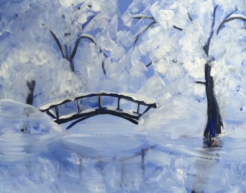 Saturday Snowy Bridge with Reflection — Painting