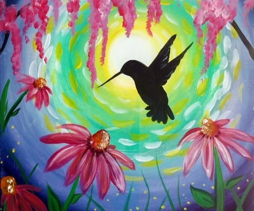 Midsummer Moonlit Hummingbird and Flowers - Spear Ridge — Painting