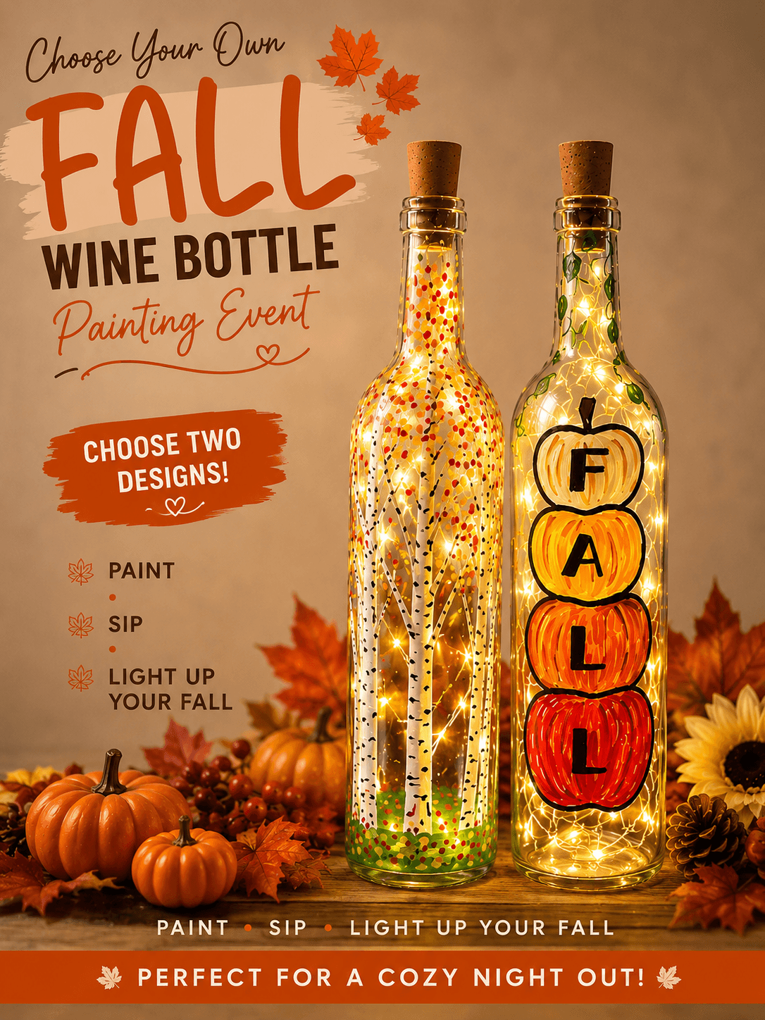 Fall Wine Bottle with Fairy Lights - Choose your Design