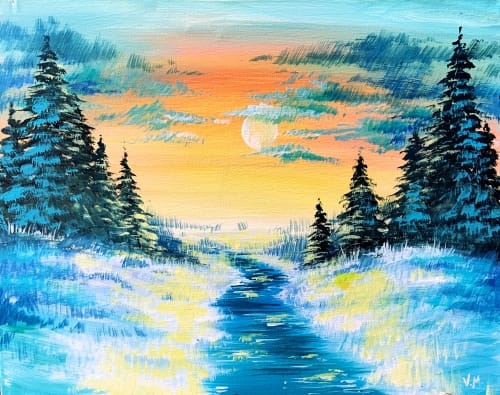 Happy Little Trees and Orange Sunset at Murphy's Irish Pub — Painting