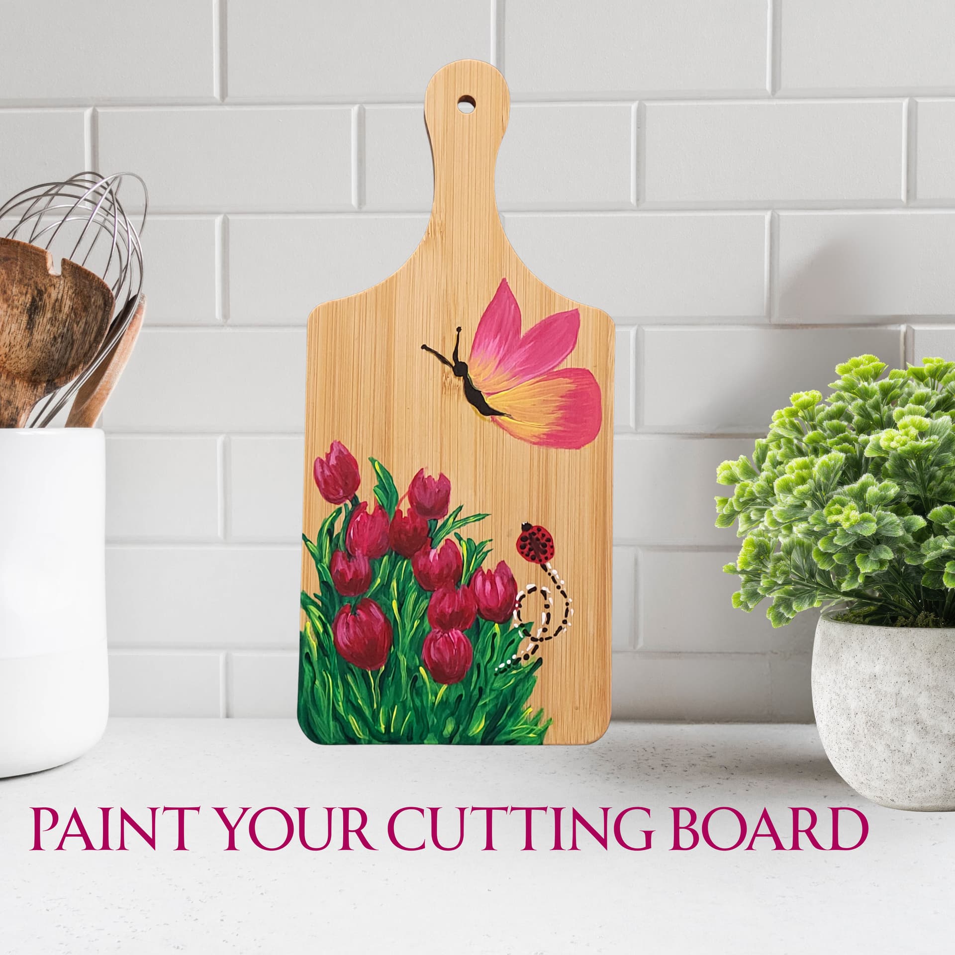 Cutting Board Painting, "Tulips with Butterfly"