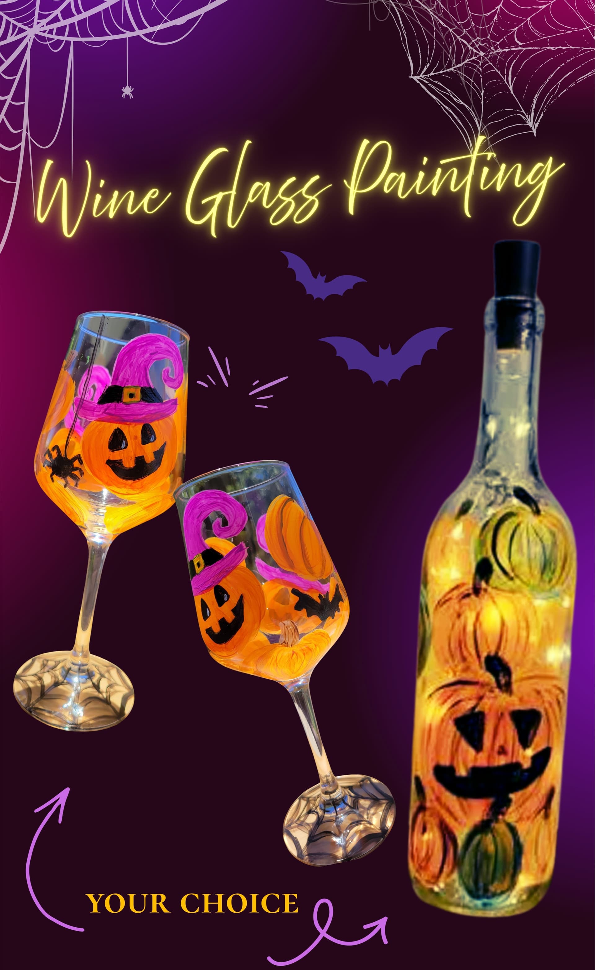 "Halloween OH-MY" Glass Painting CHOOSE: 2 Wine Glasses or 1 Wine Bottle with Fairy Lights