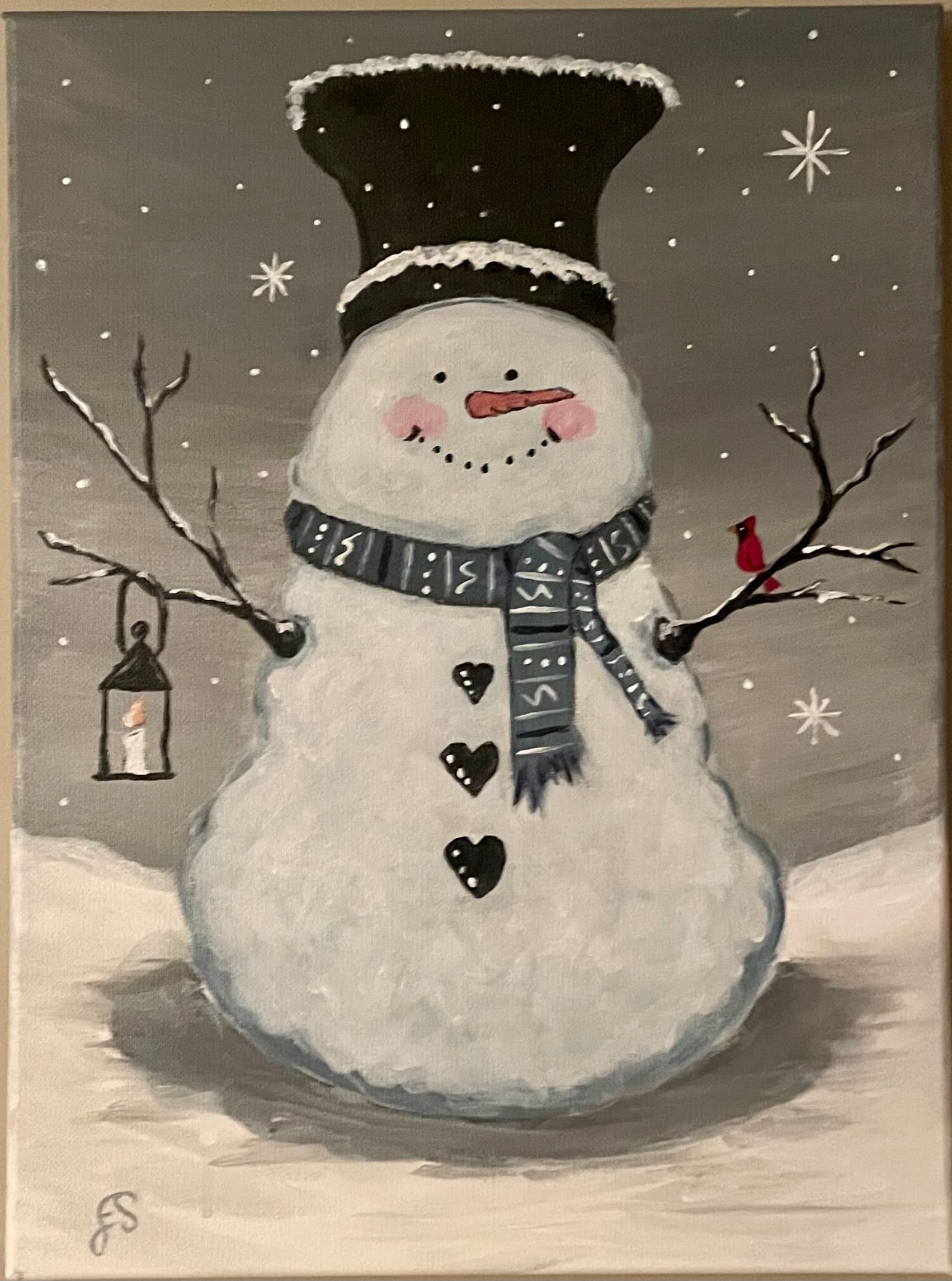 Snowman with Lantern and Cardinal