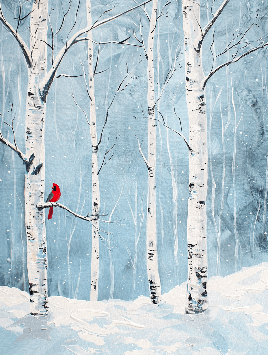 Winter Cardinal Birch Forest