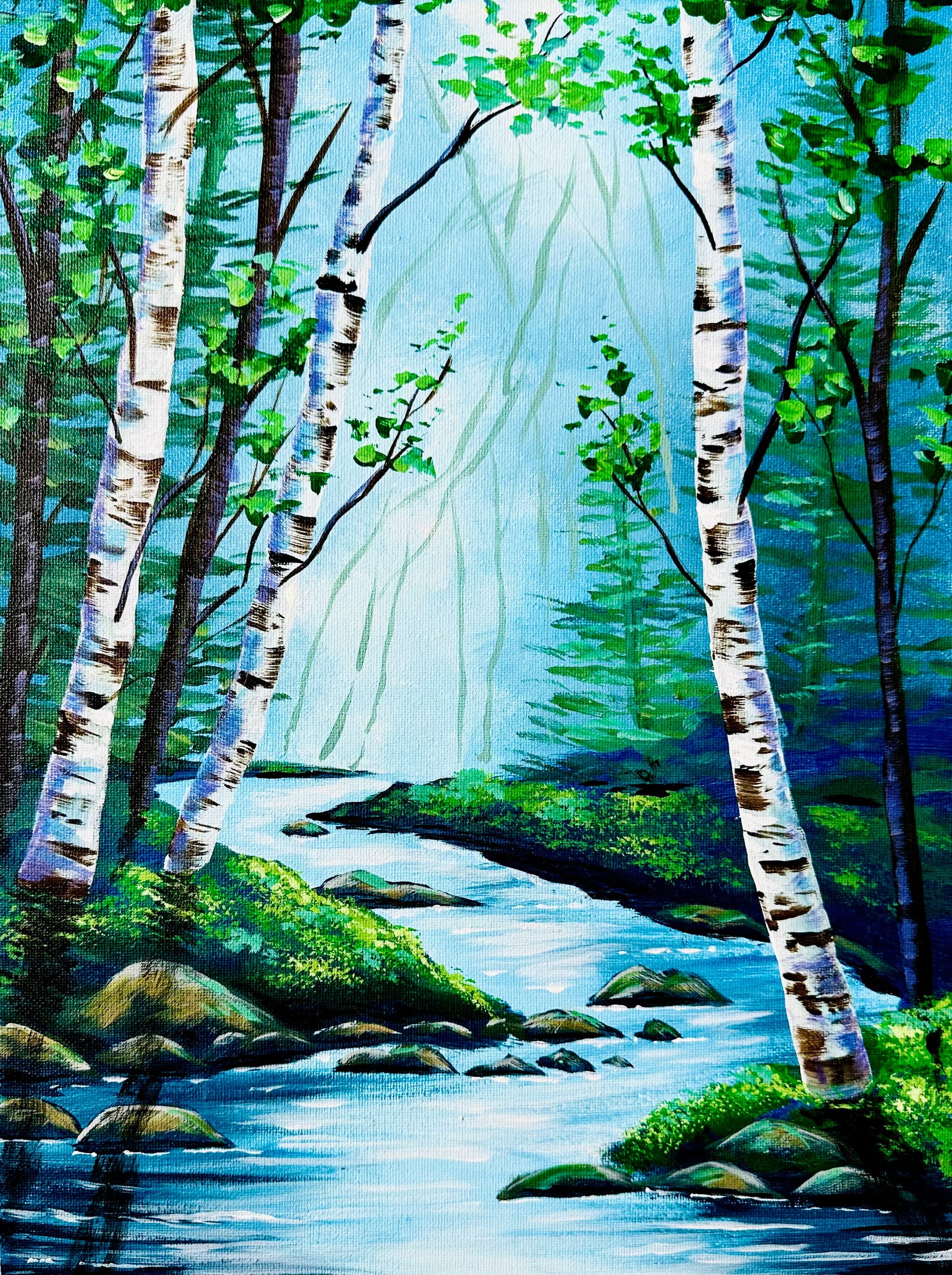 Peaceful Birch Stream — Painting