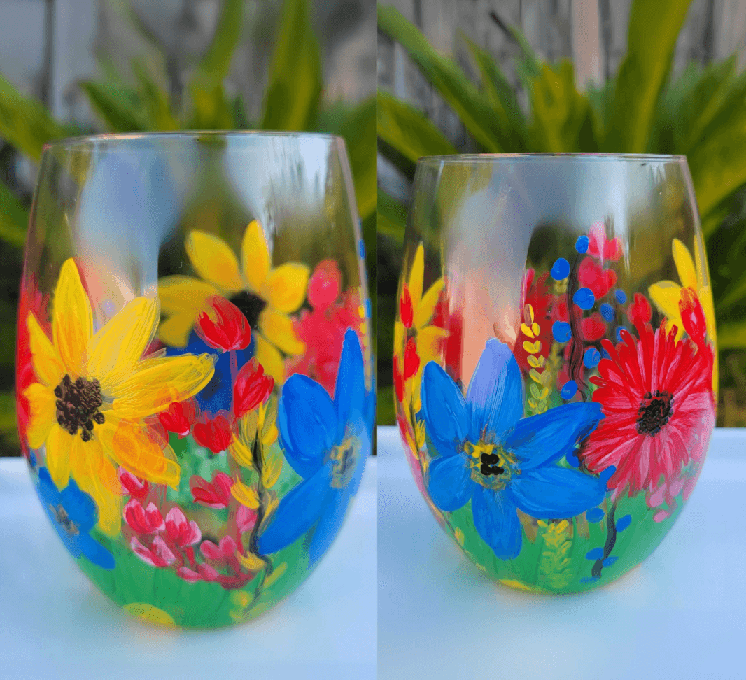 Stemless Wine Glass Painting (2 glasses), "Bright Blooms"