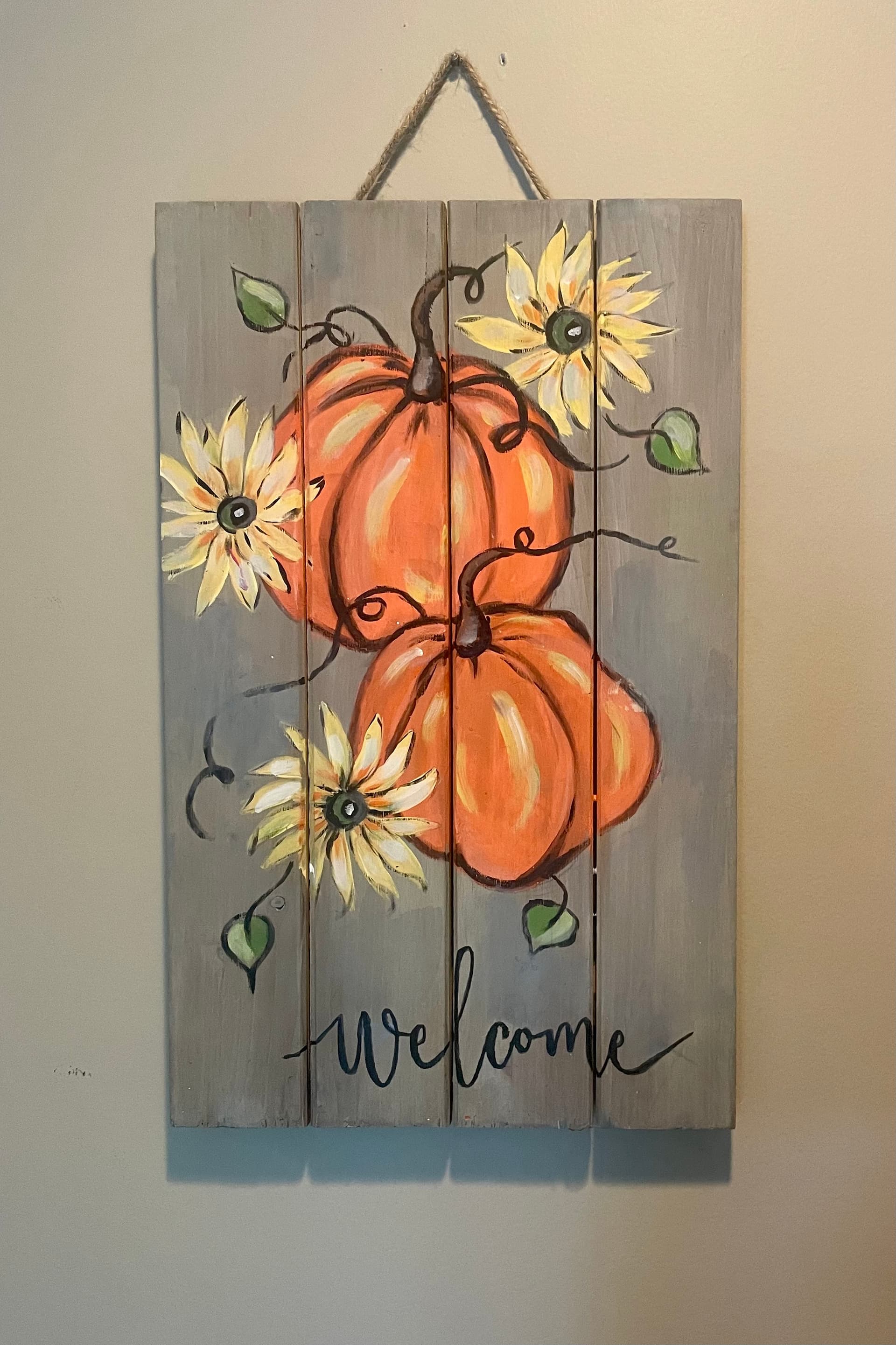 Pumpkins and Sunflowers on Wood Panel