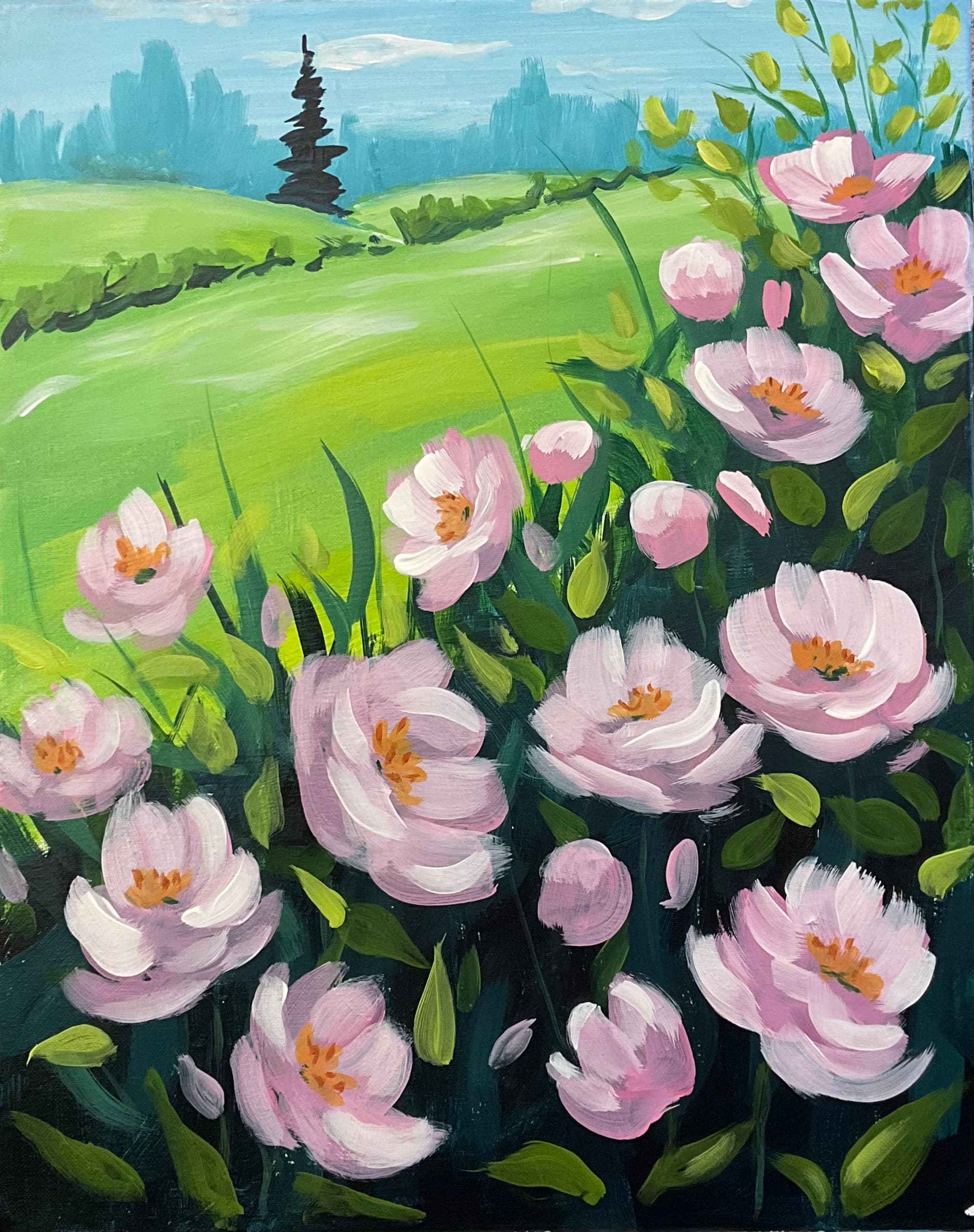 Pink Blooms & Green Fields
