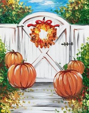 Fall Cottage Gate With Pumpkins
