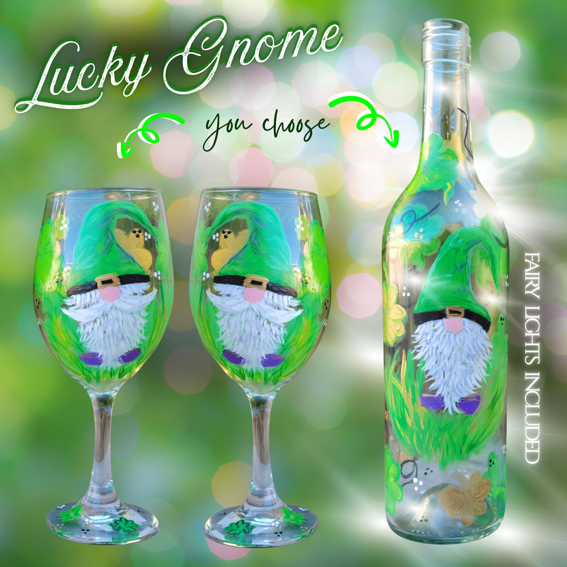 "Lucky Gnome," CHOOSE: Wine glasses or Bottle with lights
