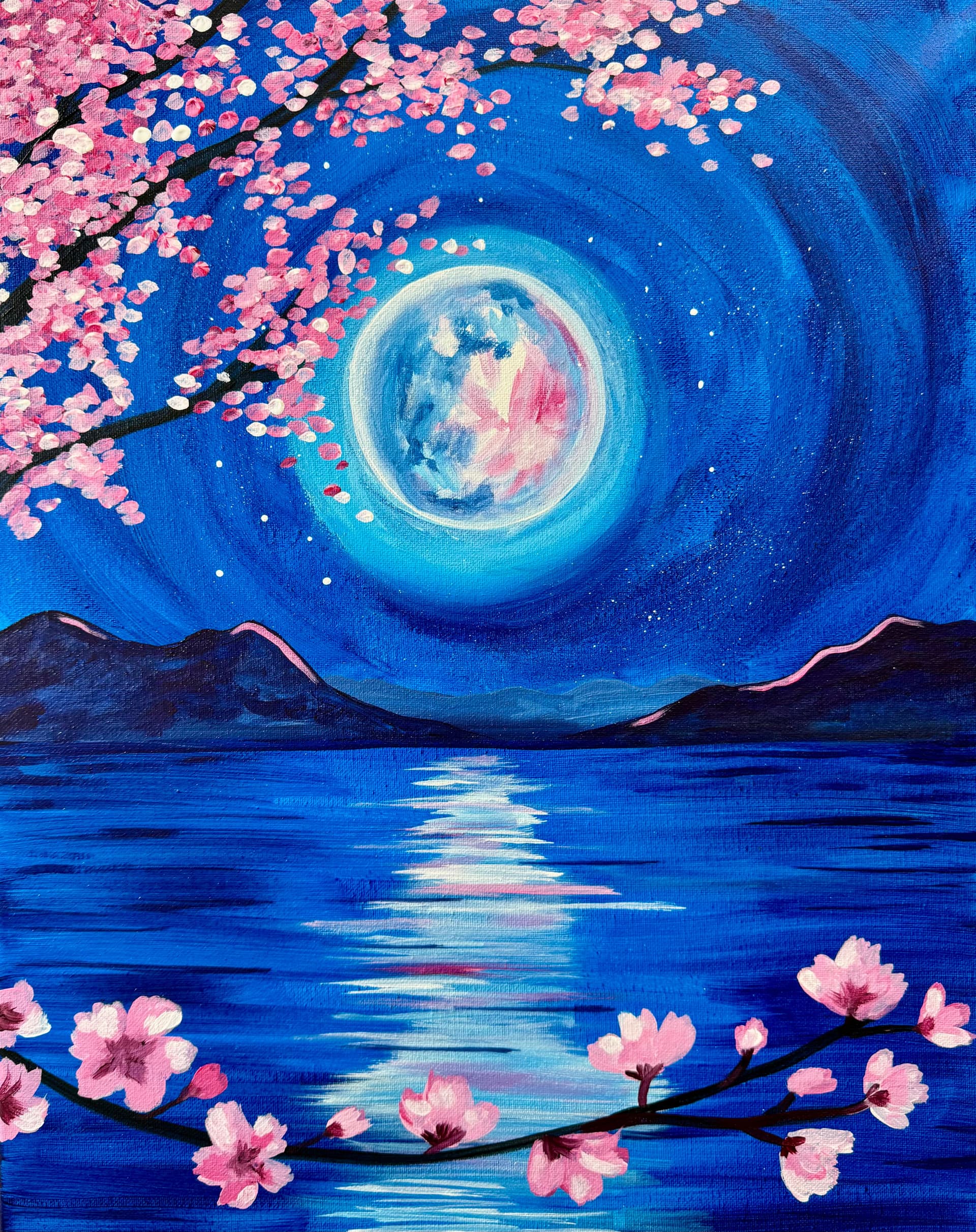 Moonlit Cherry Blossom Lake