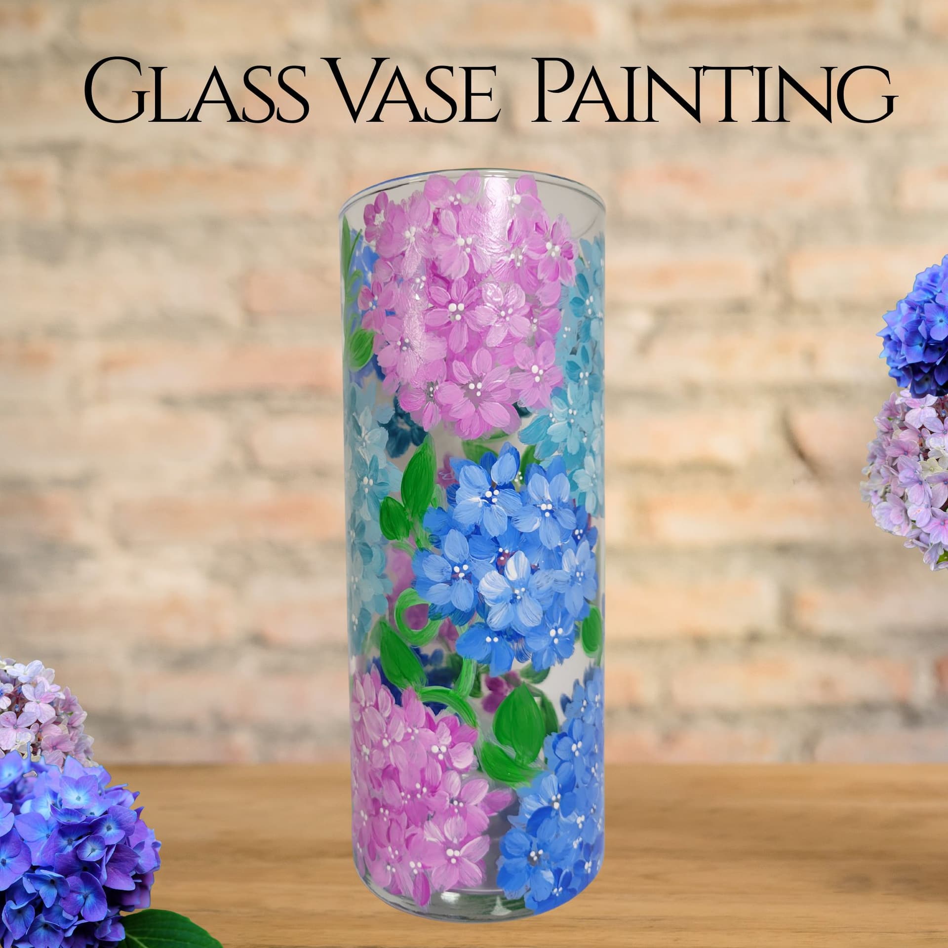 Hydrangea Glass Painting, CHOOSE Vase OR Wine Bottle