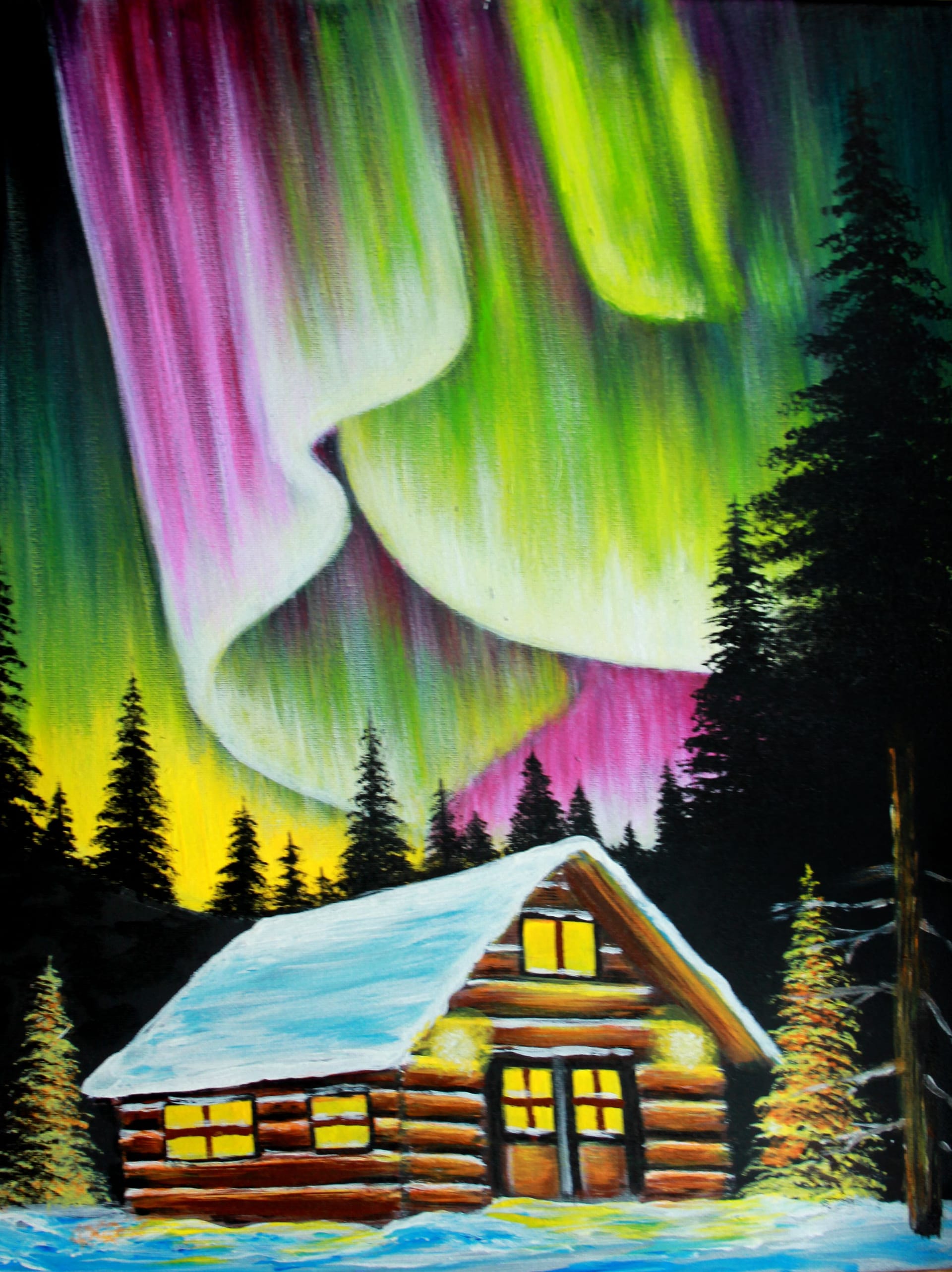 Northern Lights With Cabin 2 — Painting