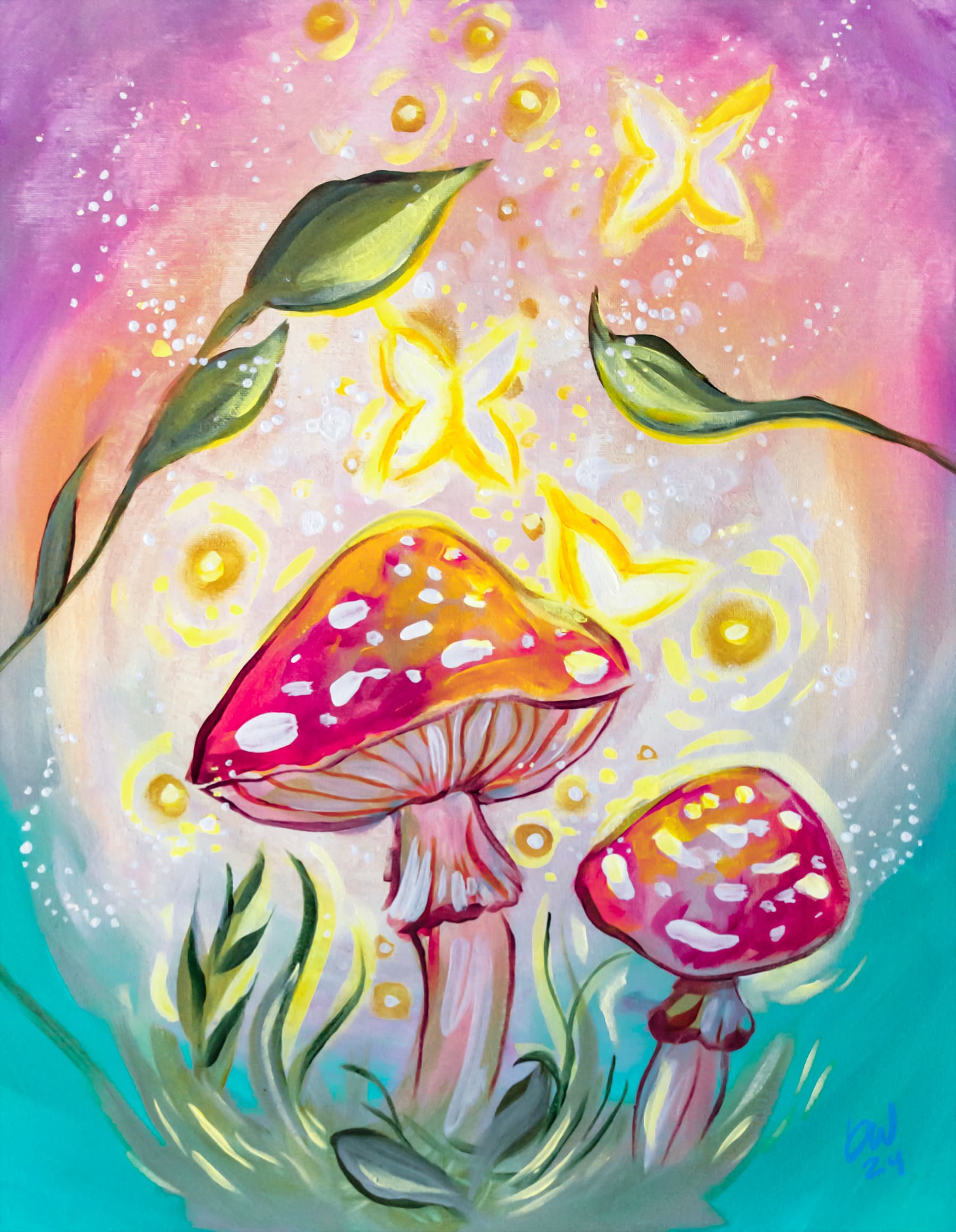 Glowing Sunrise Among the Mushrooms and Butterfly