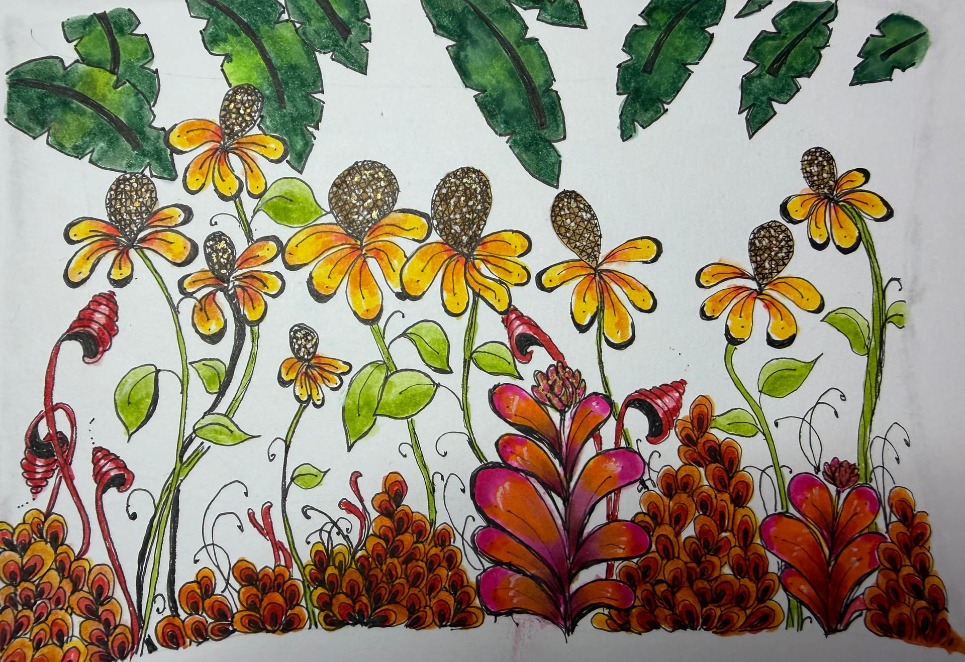 Watercolor - Dancing Cone Flowers - Olivia — Painting